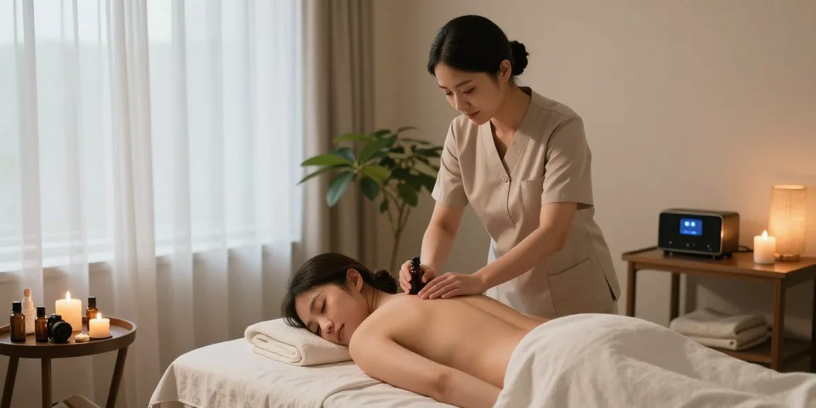 1인샵에서 아로마 마사지 중인 관리사와 아늑한 분위기