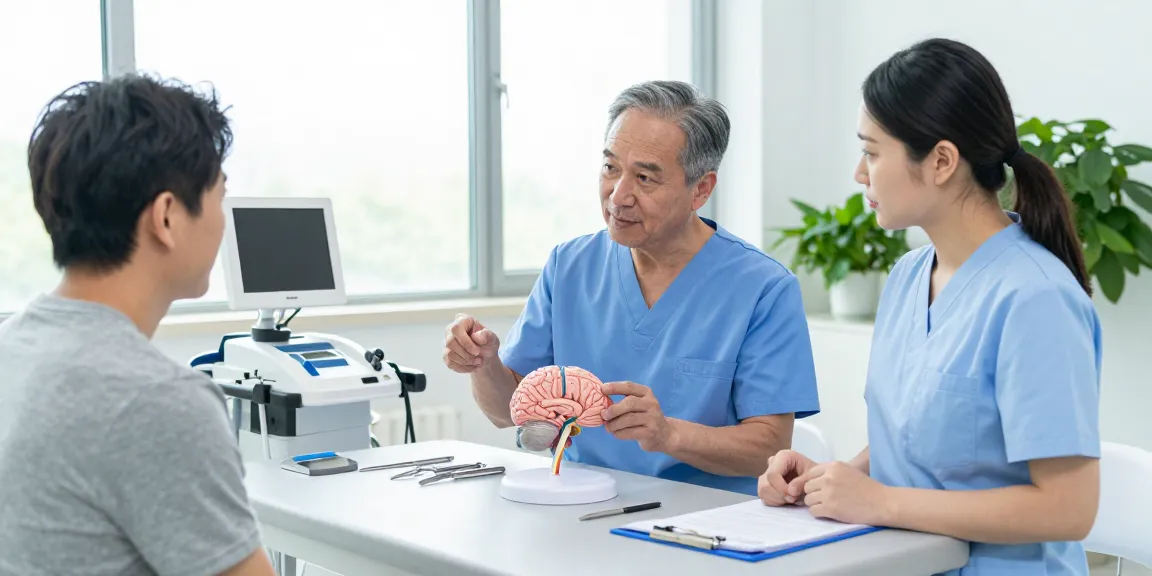 Beyin ameliyatı explained by a neurosurgeon in a bright clinical setting with surgical tools.