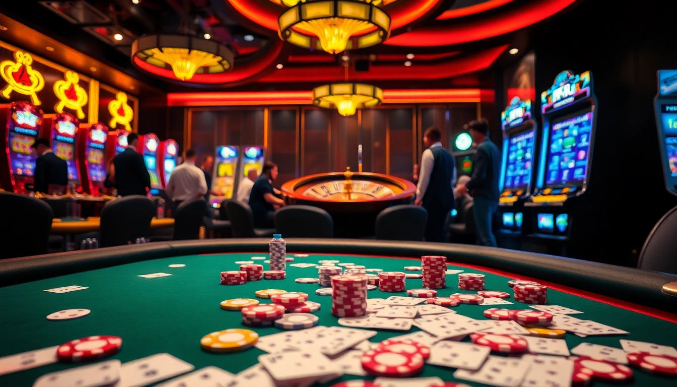 Experience FLY 88 excitement at a glamorous casino table with poker chips and vibrant slot machines.
