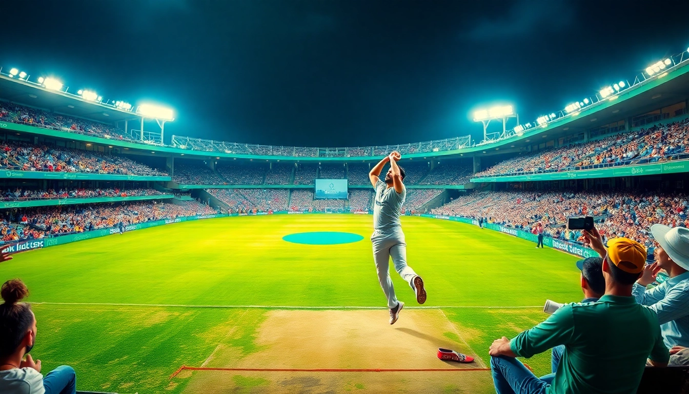Cricketer in action predicting todays ipl match winner prediction with an energetic crowd background.