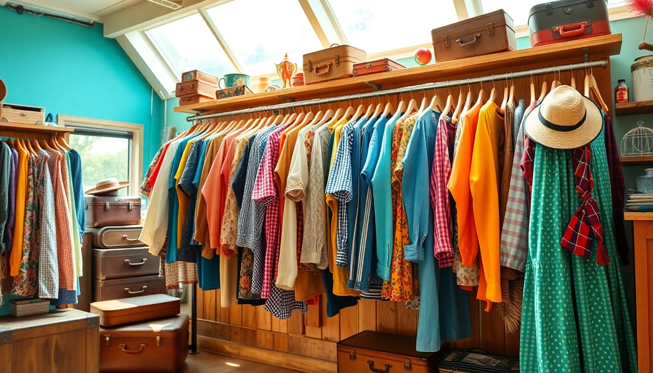 Shop unique vintage clothes at https://thrift-vintage.com/ in a quaint thrift store setting.