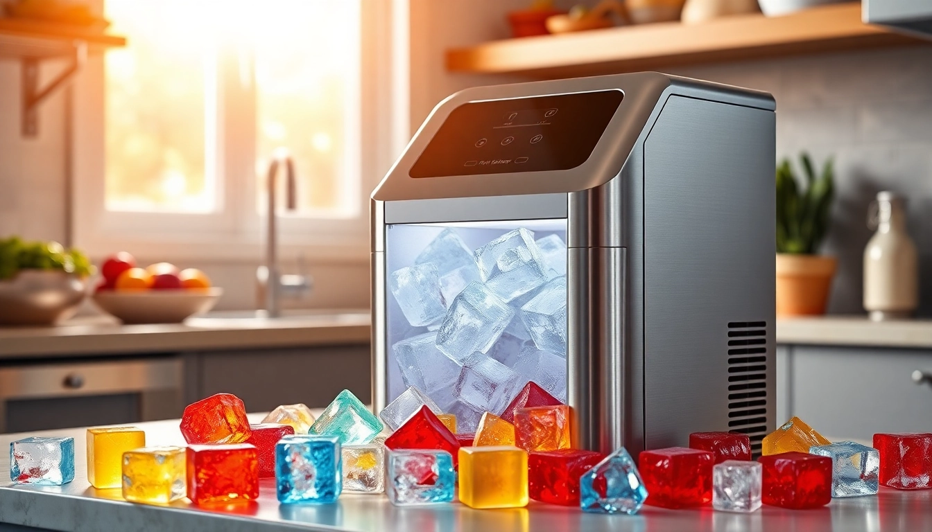 The affordable ice maker on a kitchen countertop surrounded by colorful ice cubes, showcasing its utility.