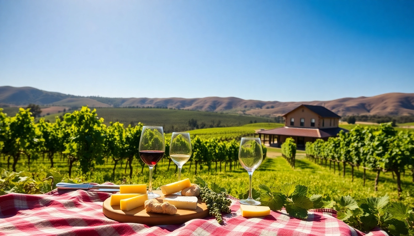 Tourists enjoying scenic landscape at the best wineries in California with vineyards in view.