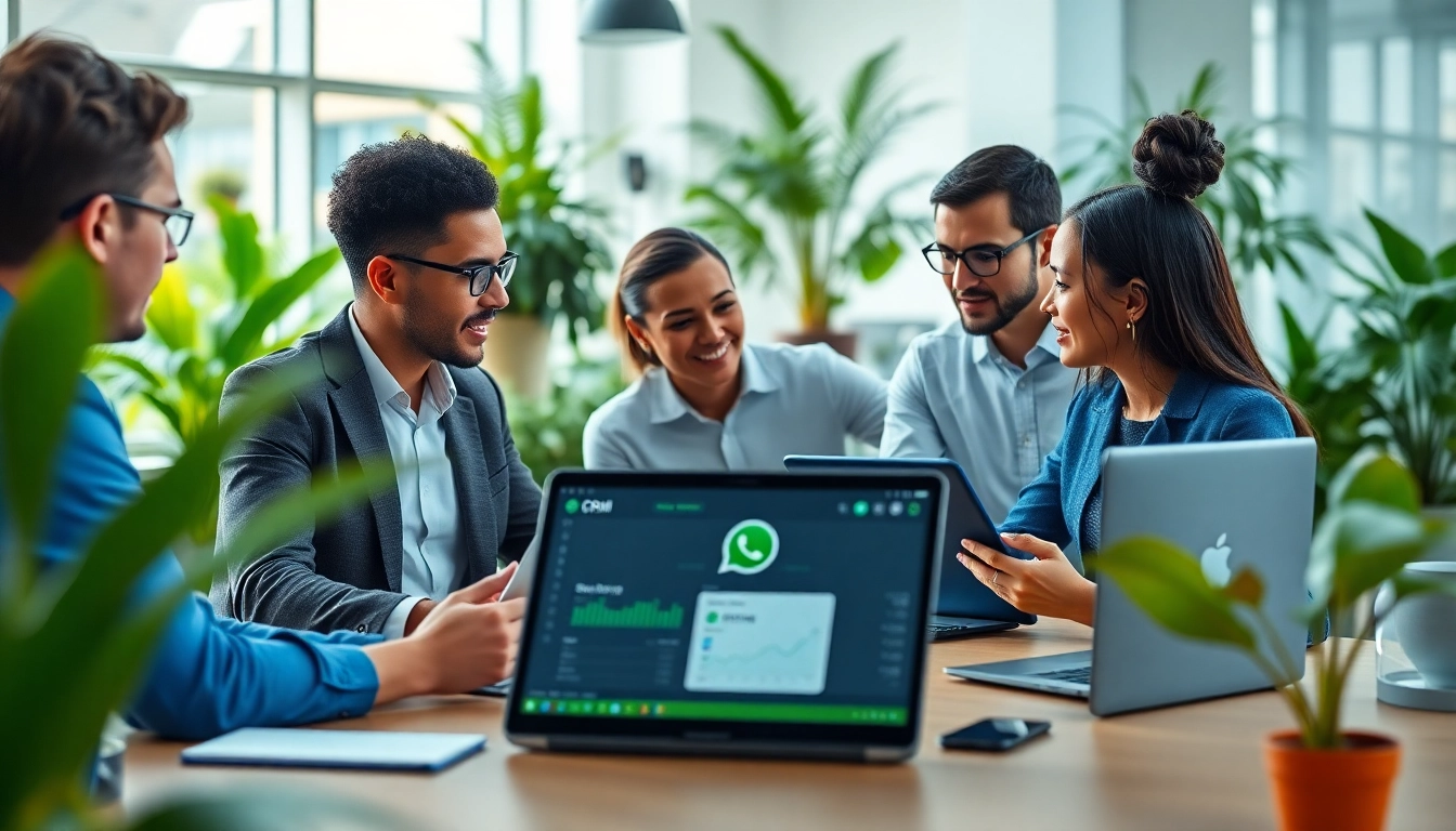 Learn what a CRM for WhatsApp is with a team using digital tools in a modern office.