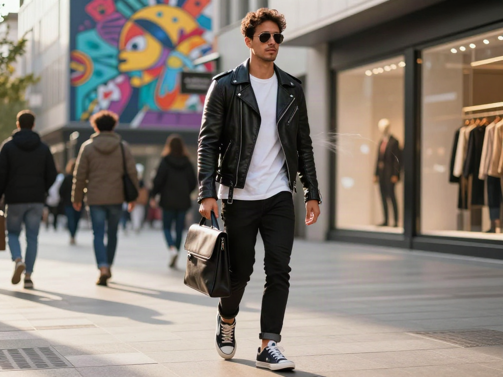 Stylish man in men's leather jackets walking through vibrant urban street