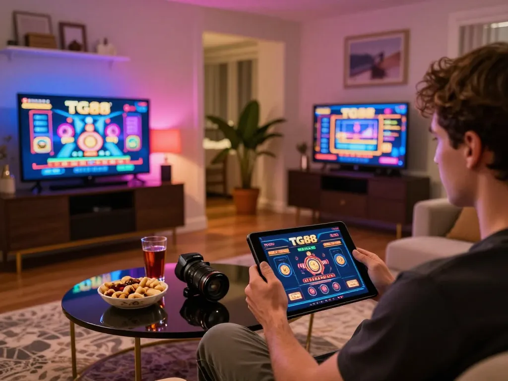 Player enjoying TG8 casino games on a tablet in a cozy home setting, emphasizing online gambling experience.