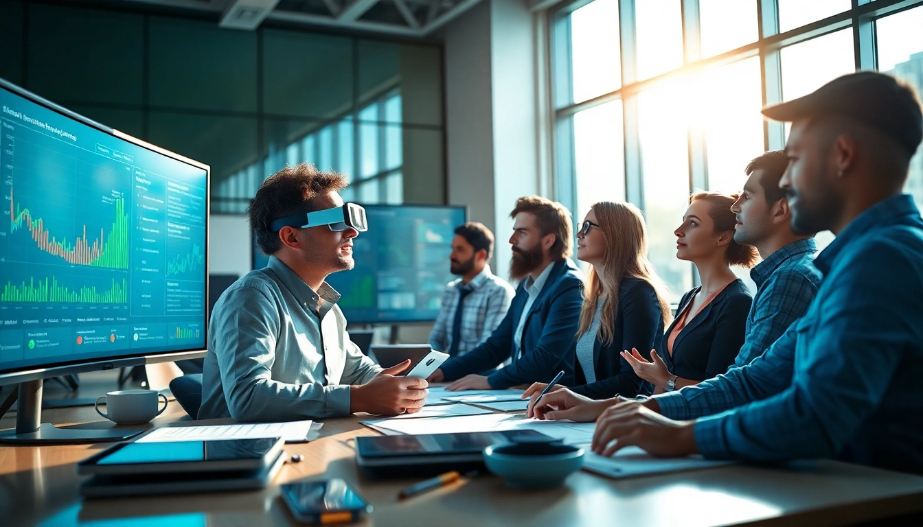 Visual representation of AI claims processing with a diverse team analyzing data in a modern office.