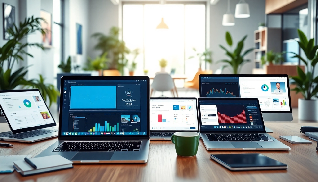 Showcasing various ai tools in a vibrant workspace promoting productivity and creativity.