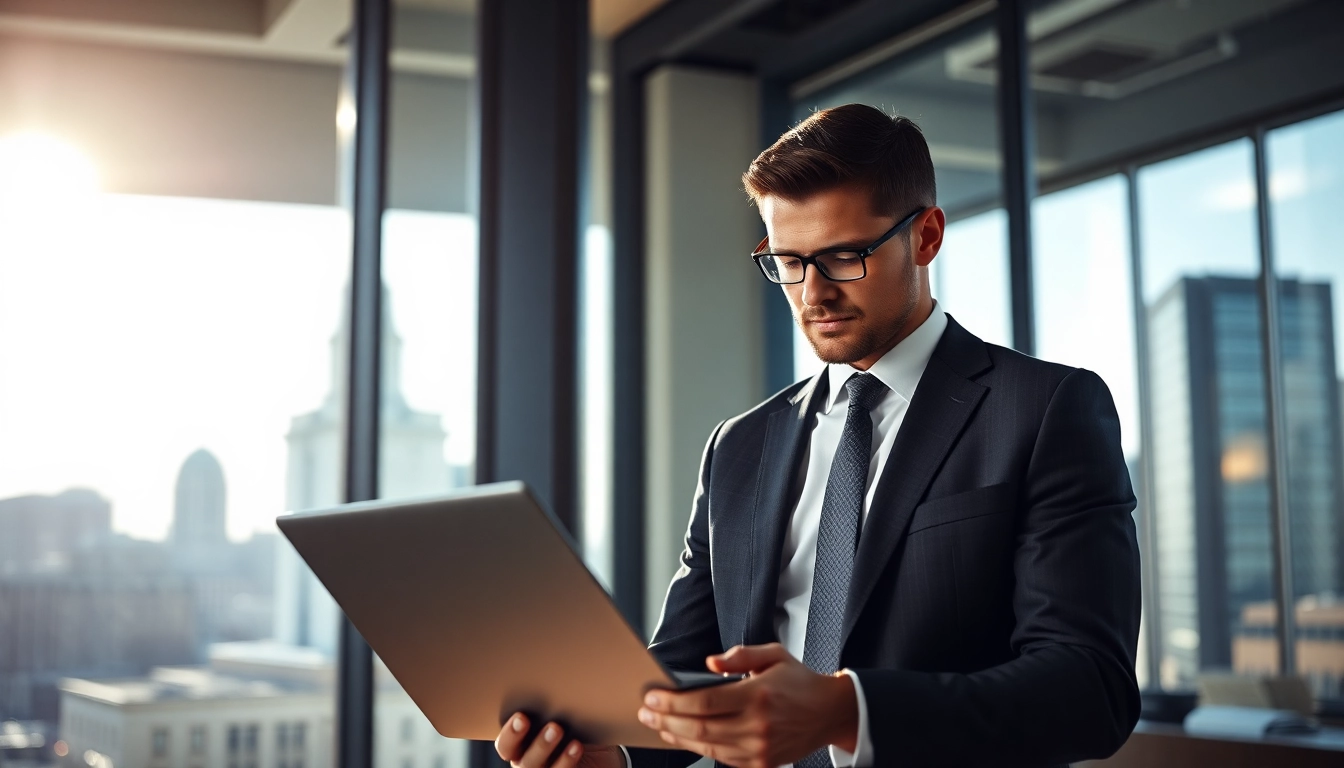 Washington DC Venture Capital Lawyer analyzing legal documents in a modern office environment.