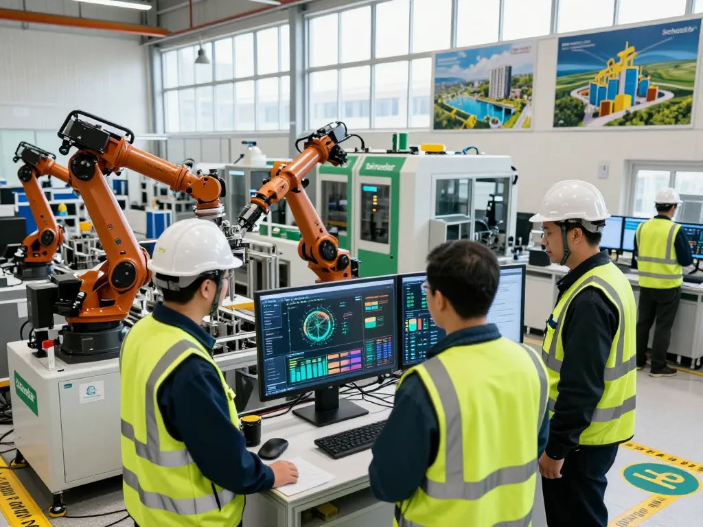 Engineers collaborating on Schneider energy solutions in a modern factory.