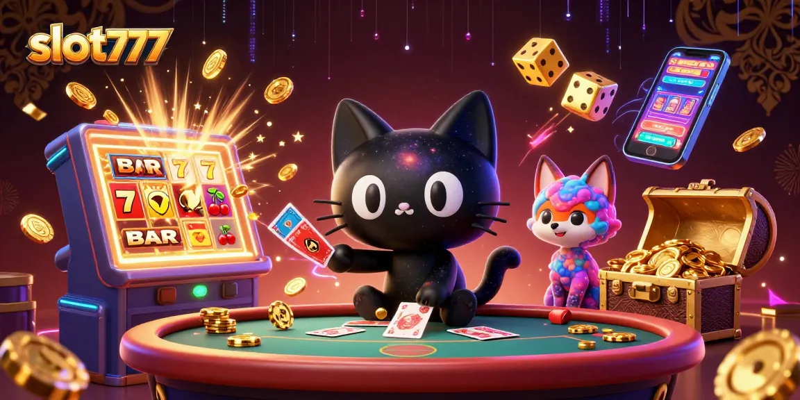 Experience the vibrant thrill of slot777 as golden chips and symbols fly in this cosmic casino scene.