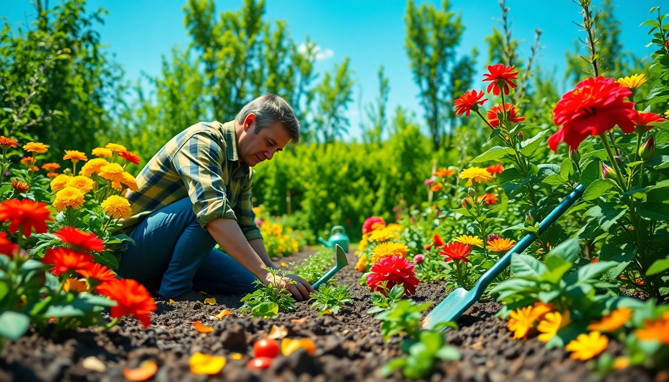 Gardening enthusiast nurturing vibrant flowers and vegetables in a sunlit garden setting.