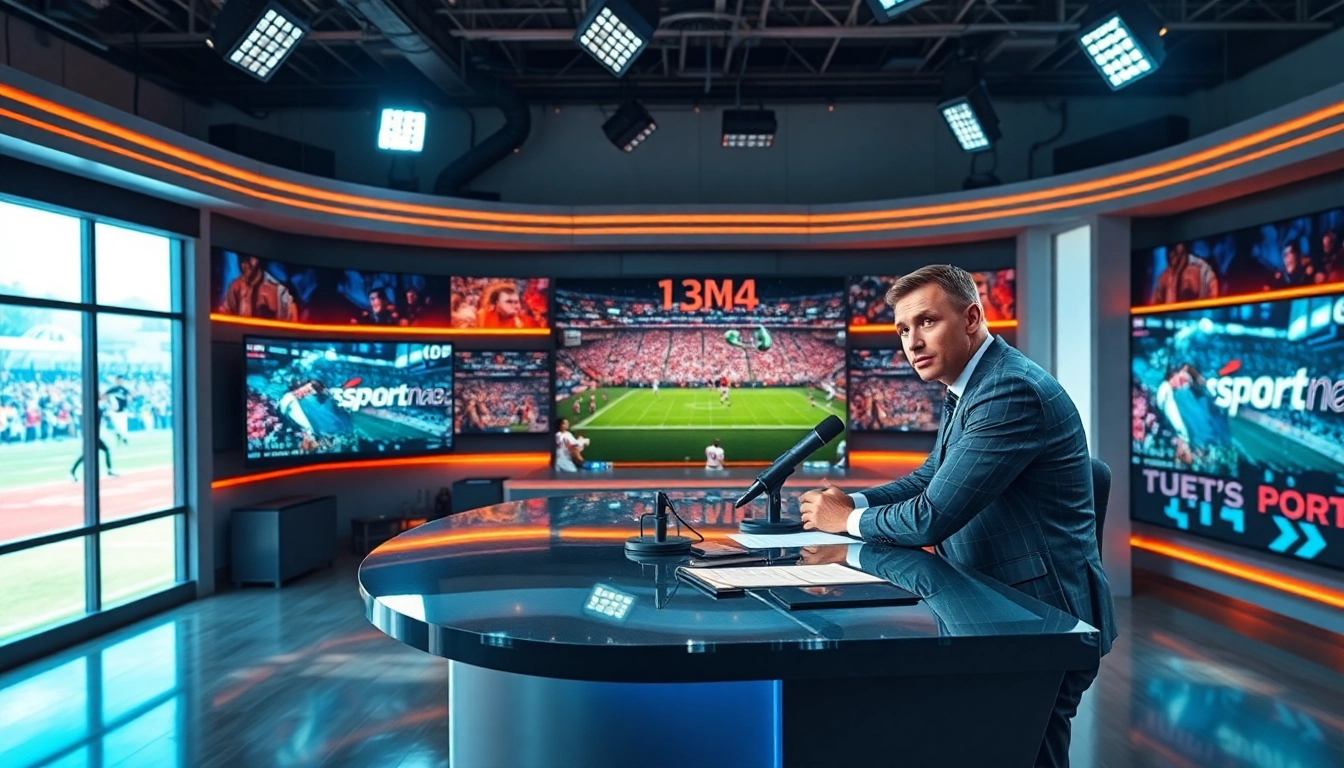 Engaging host at the sports broadcasting desk of https://sportnation.nz, surrounded by vibrant memorabilia.