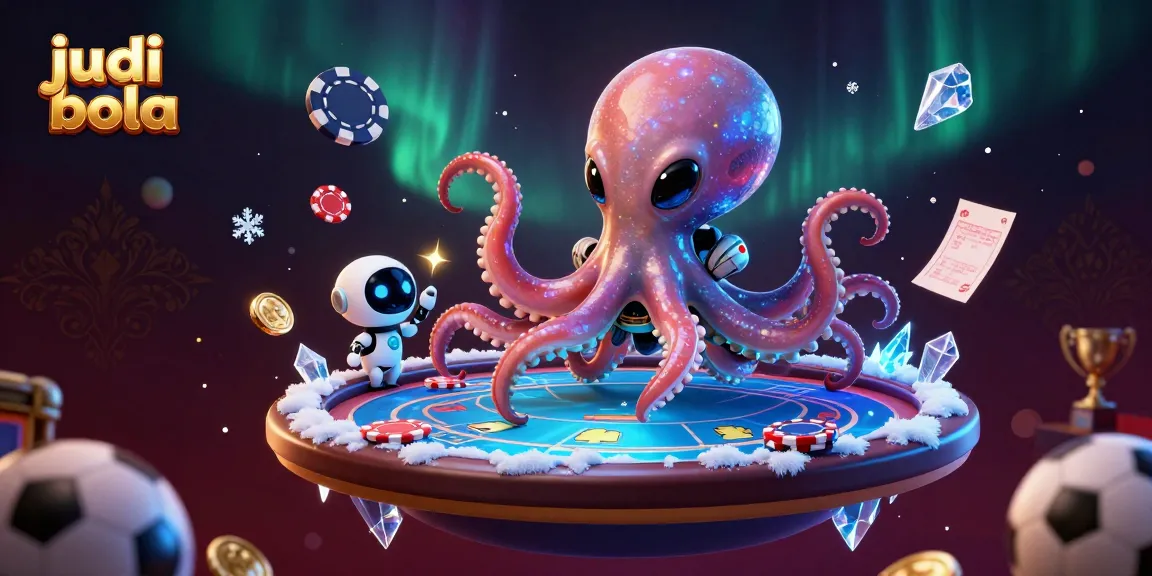 Engage in judi bola excitement with dynamic alien octopus at a holographic poker table amidst cosmic elements.