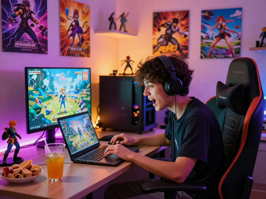 Player immersed in a hentai game experience with colorful gaming decor.