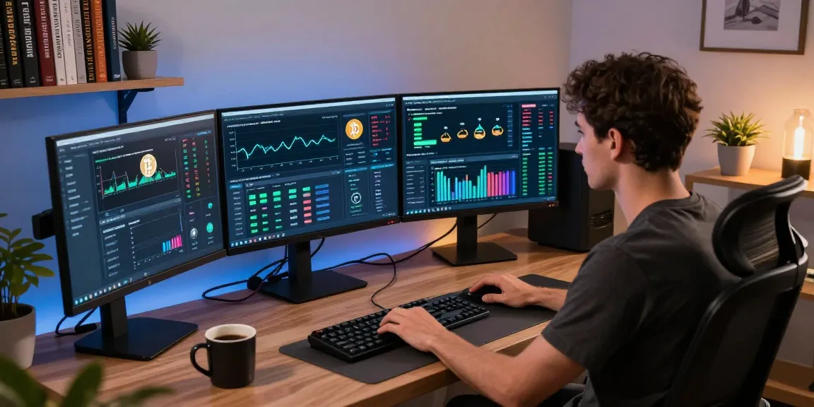 Cloud mining service displayed on three monitors in a secure crypto mining workspace.
