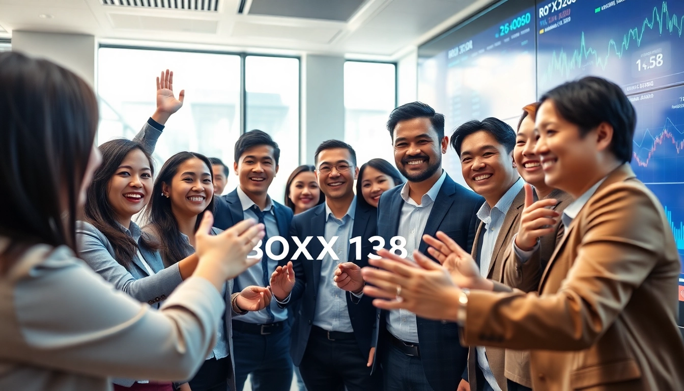 Successful financial team celebration after BOX138 withdrawal of Rp 2.424.000,00 in a modern office setting.