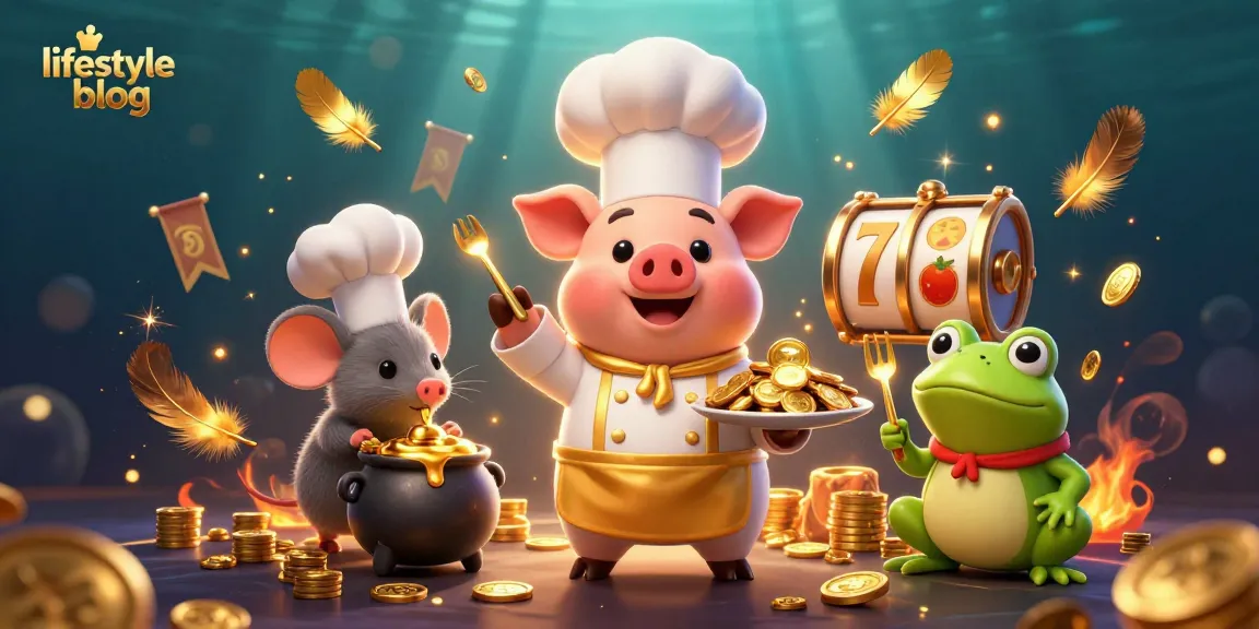 Engaging lifestyle blog scene with a chef pig serving gold coins, showcasing a lively casino atmosphere.