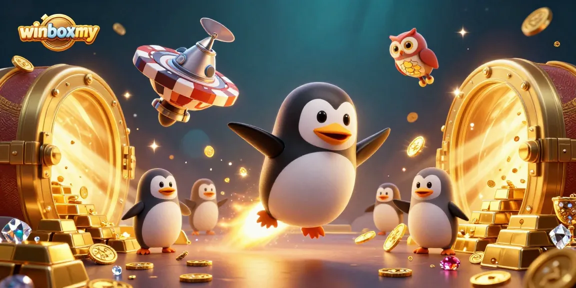 WinboxMY showcases a 3D penguin flying to a casino space station, surrounded by vibrant casino elements and gold treasures.