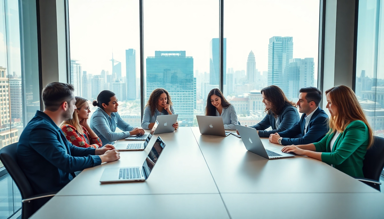 Business collaboration among a diverse team in a modern office environment.