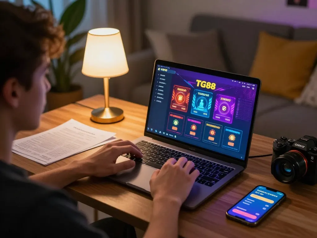 Engaged player exploring TG88 online gaming features on laptop with cozy décor