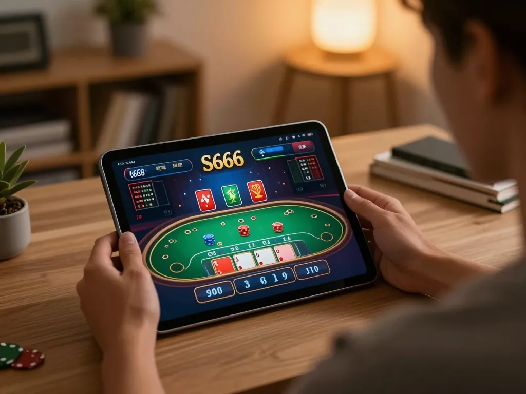 S666 user engaging in live dealer blackjack on tablet in cozy home setup.