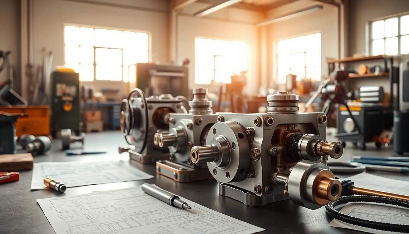 Showcasing custom hydraulic equipment in a professional workshop, emphasizing intricate details in a well-lit setting.