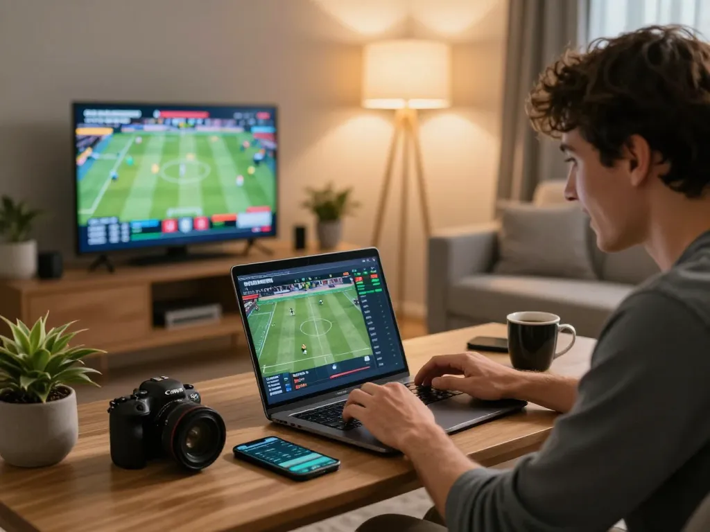 Betting on live sports at home with tv88 app, capturing excitement of a strategic wager.