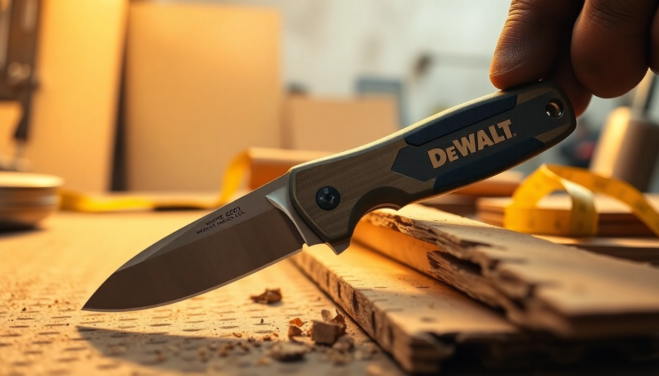 Using a DeWalt knife to slice through wood, showcasing its precision and design.