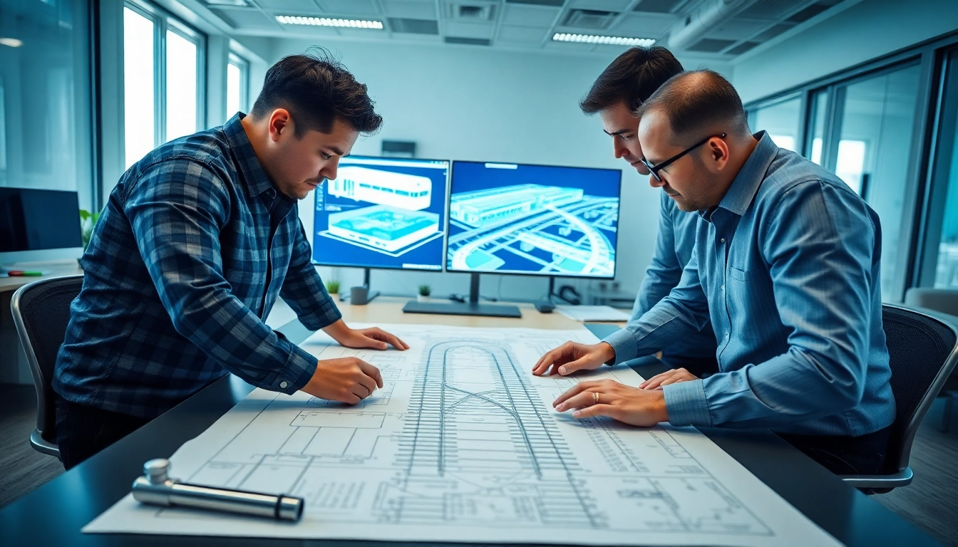 Engineers collaborating on railroad engineering designs in a modern office environment.