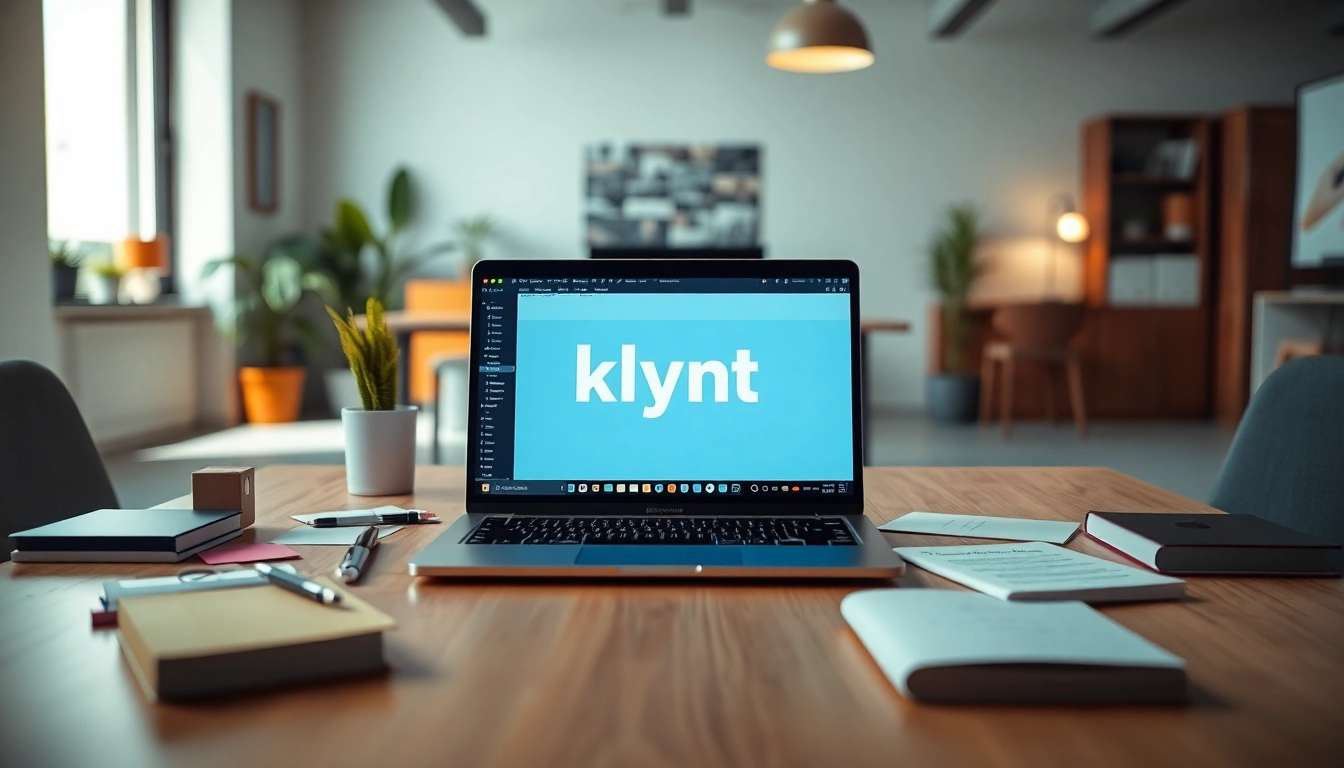 Klynt interface displayed on a laptop in a vibrant digital content creation workspace.