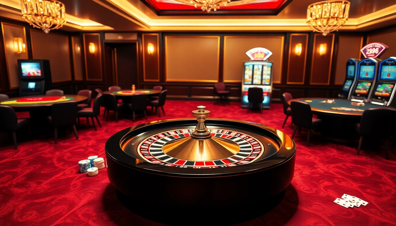 Experience the excellence of EV88 with an elegant casino atmosphere featuring roulette and poker tables.