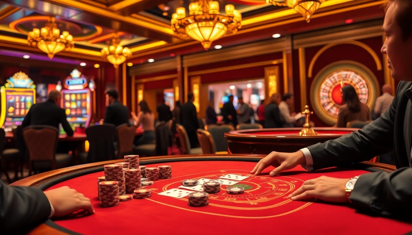 Découvrez l'excitation du meilleur casino en ligne avec des éléments de jeu vibrants capturant une table de poker et des machines à sous.