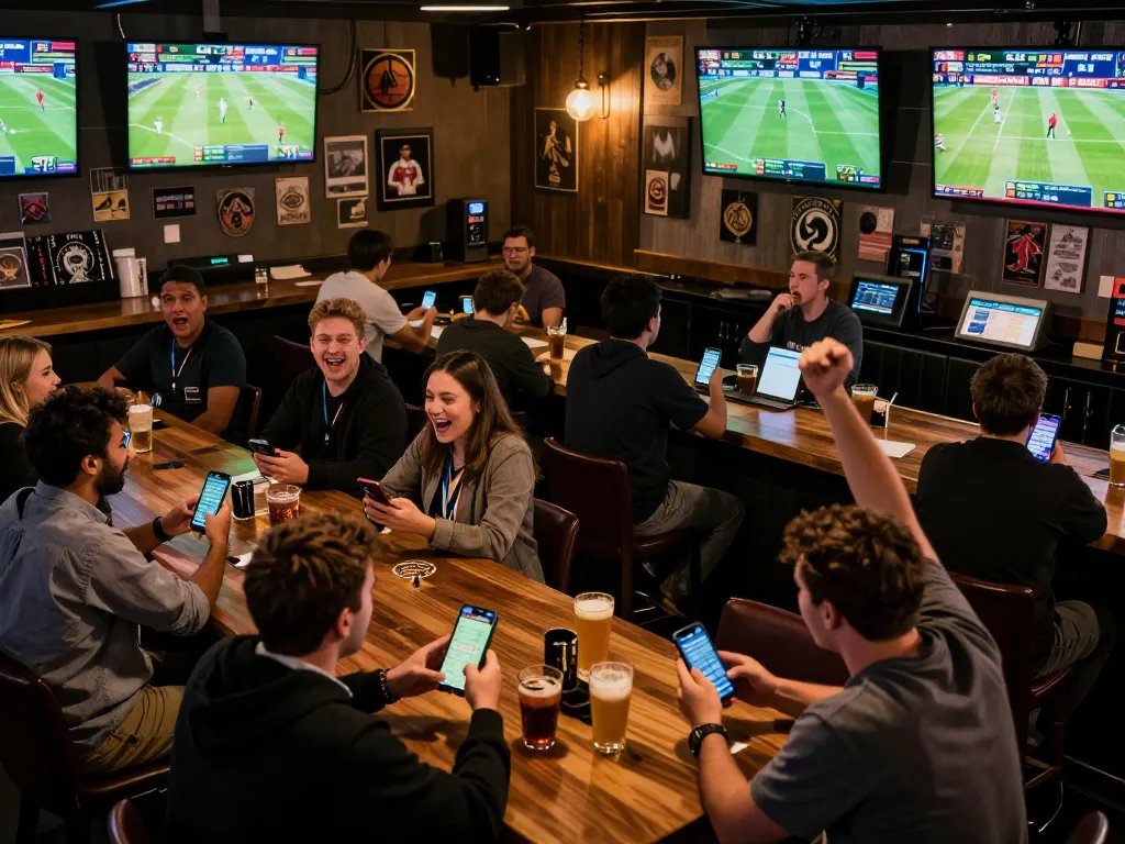 Betting excitement on thabet in a lively sports bar with patrons actively placing bets.