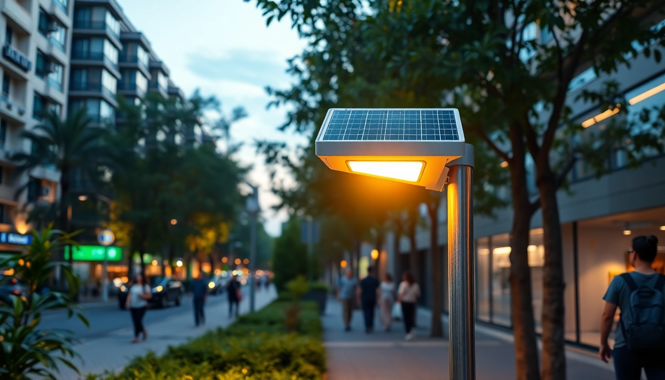 Solar street light illuminating an urban pathway, showcasing modern design and eco-friendliness.