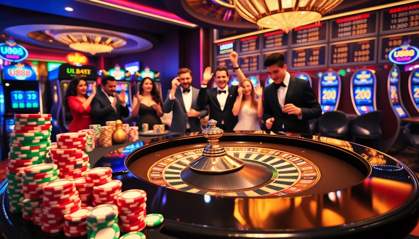 Experience the excitement of U888 with thrilling games and vibrant chips at a luxurious casino table.