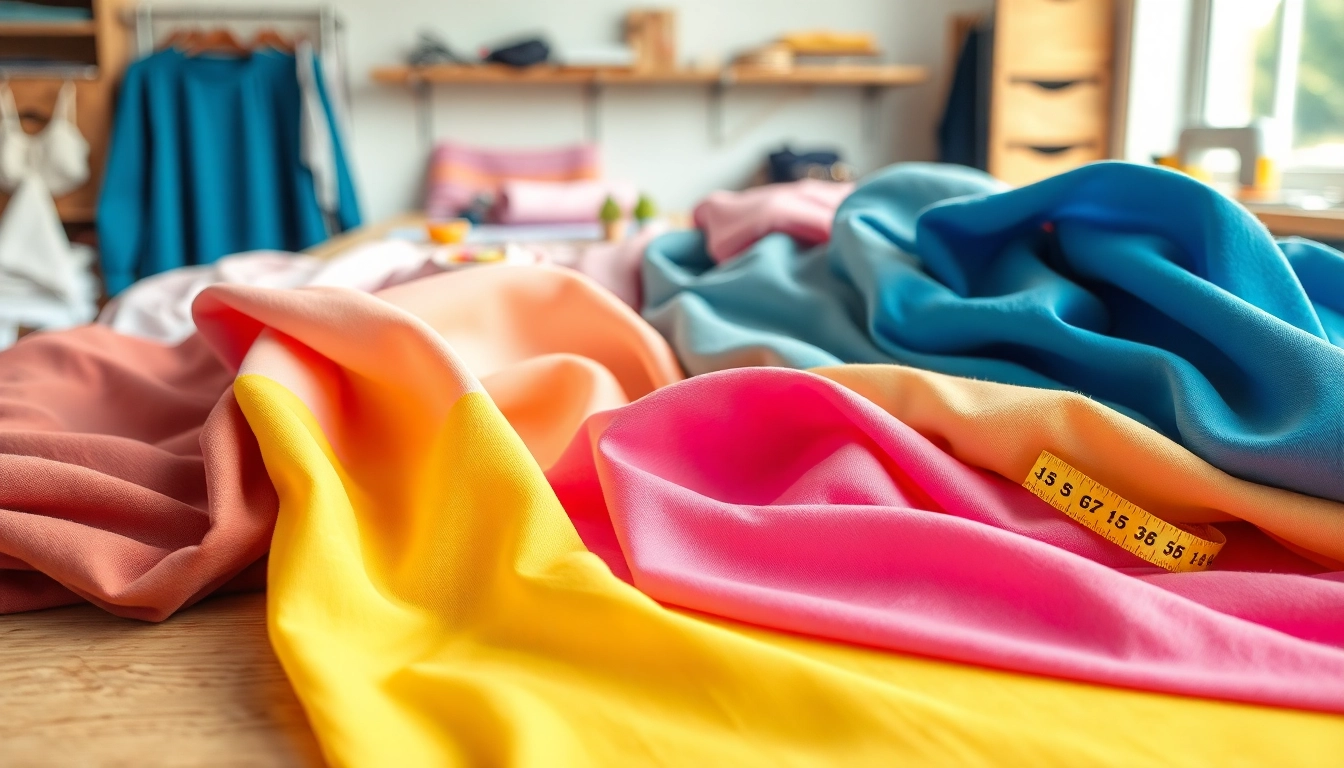 Stoffen voor kleding maken in verschillende kleuren en texturen op een snijtafel.