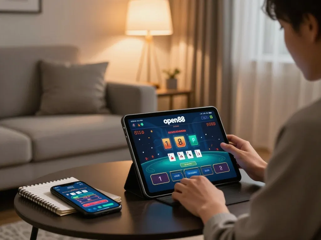 Engaging online gaming scene with a player exploring open88 casino strategies on a tablet