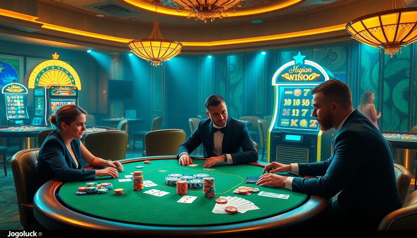 Experience the excitement of online poker at Jogoluck with vibrant visuals of players and winnings.