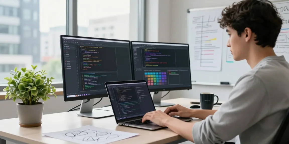 Innovative workspace showcasing a developer at work with coding interfaces and brainstorming notes, highlighting the 纸飞机官网 integration in digital communication.