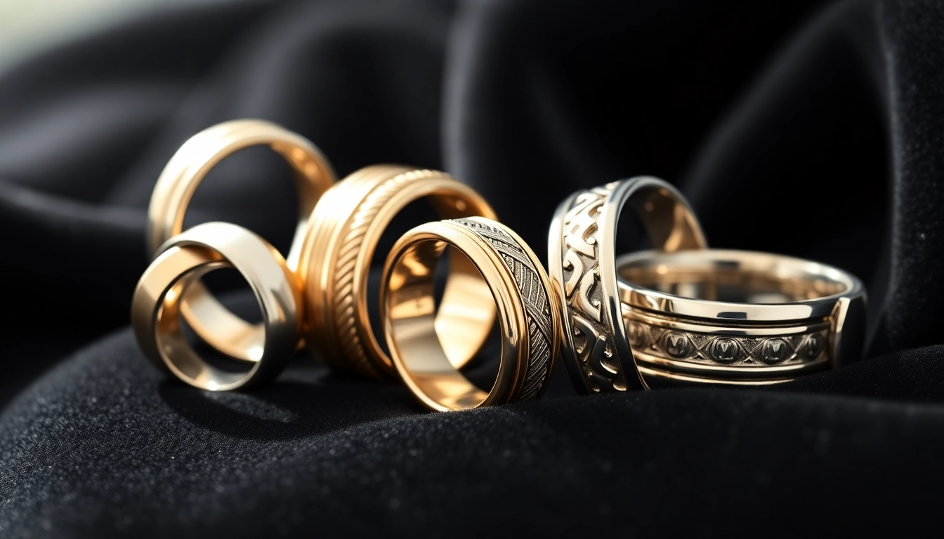 Showcase of stylish mens wedding rings highlighting unique designs and textures.