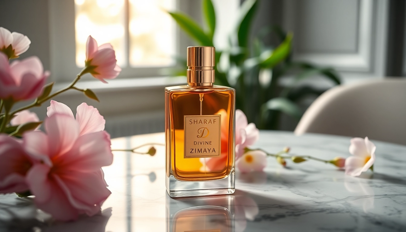 Ervaar de luxe van Sharaf Divine by Zimaya, prachtig gepresenteerd met bloemen.