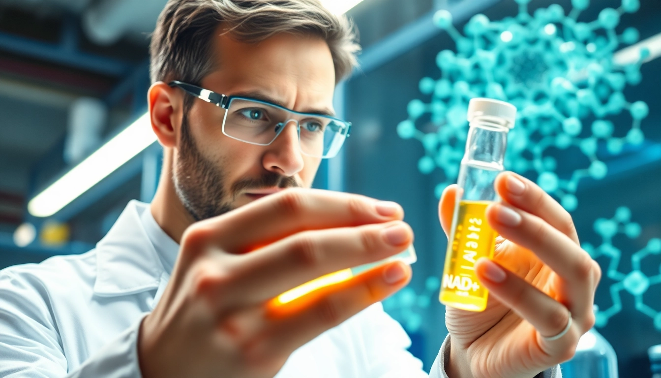 NAD+ glowing vial being examined by a focused scientist in a high-tech lab.