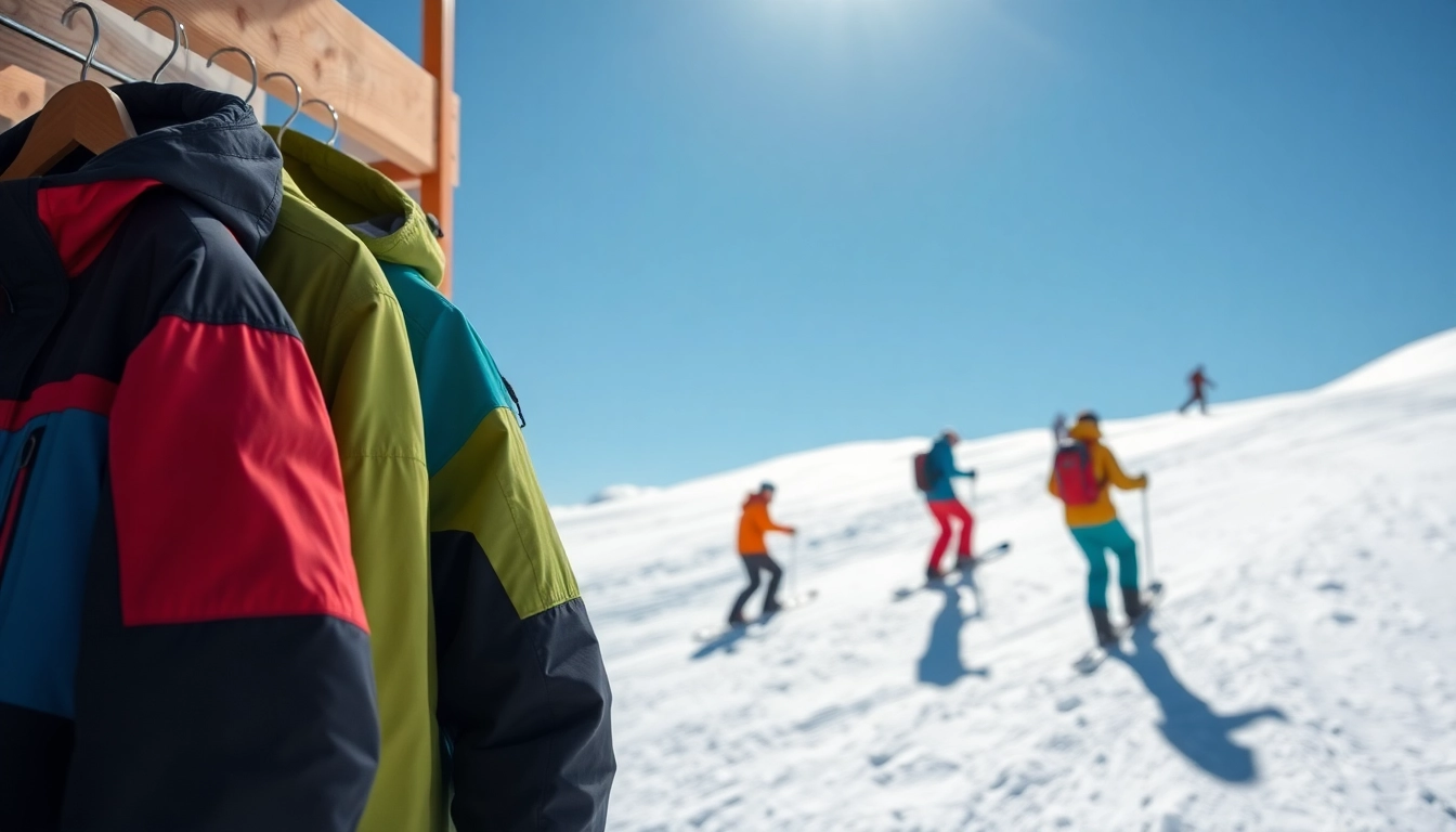 Highlight vibrant snowboard jackets on display against a snowy backdrop, emphasizing style and functionality.