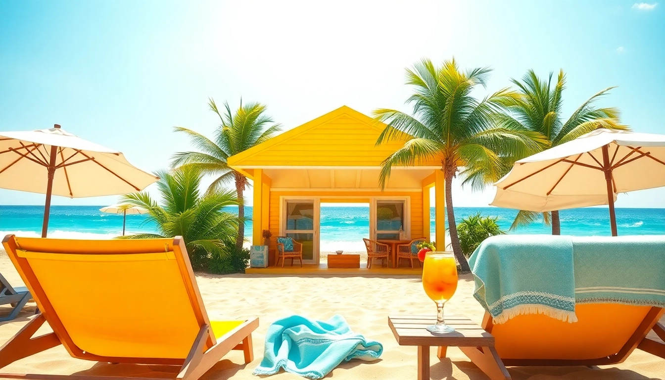 Relax in the coastal cabana overlooking the azure ocean, surrounded by beach chairs and palm trees.