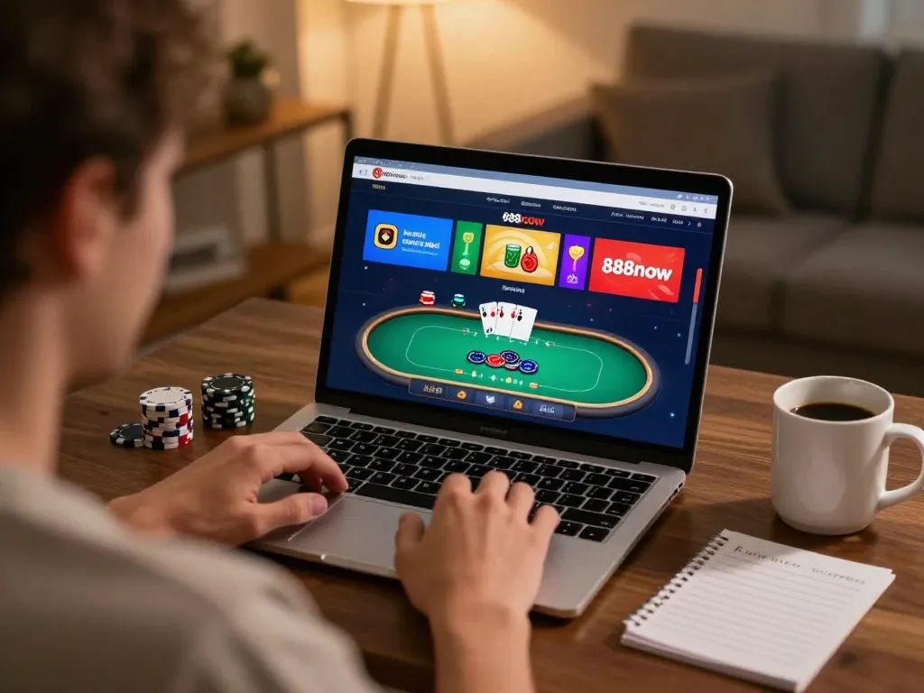 Engaging with 888now đăng nhập, a player at home immerses in online poker gaming experience.