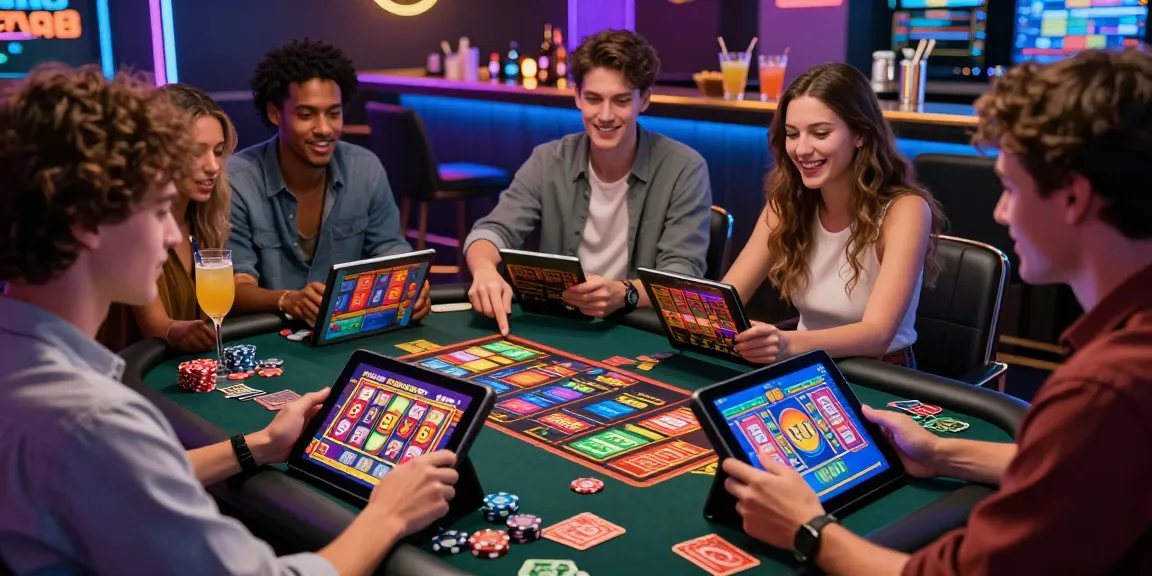 Group of friends playing slot88 games in a vibrant online casino atmosphere, showcasing excitement and modern gaming experience.