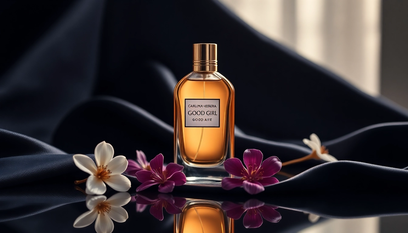 Captivating bottle of Carolina Herrera Good Girl perfume elegantly displayed on a dark reflective surface.