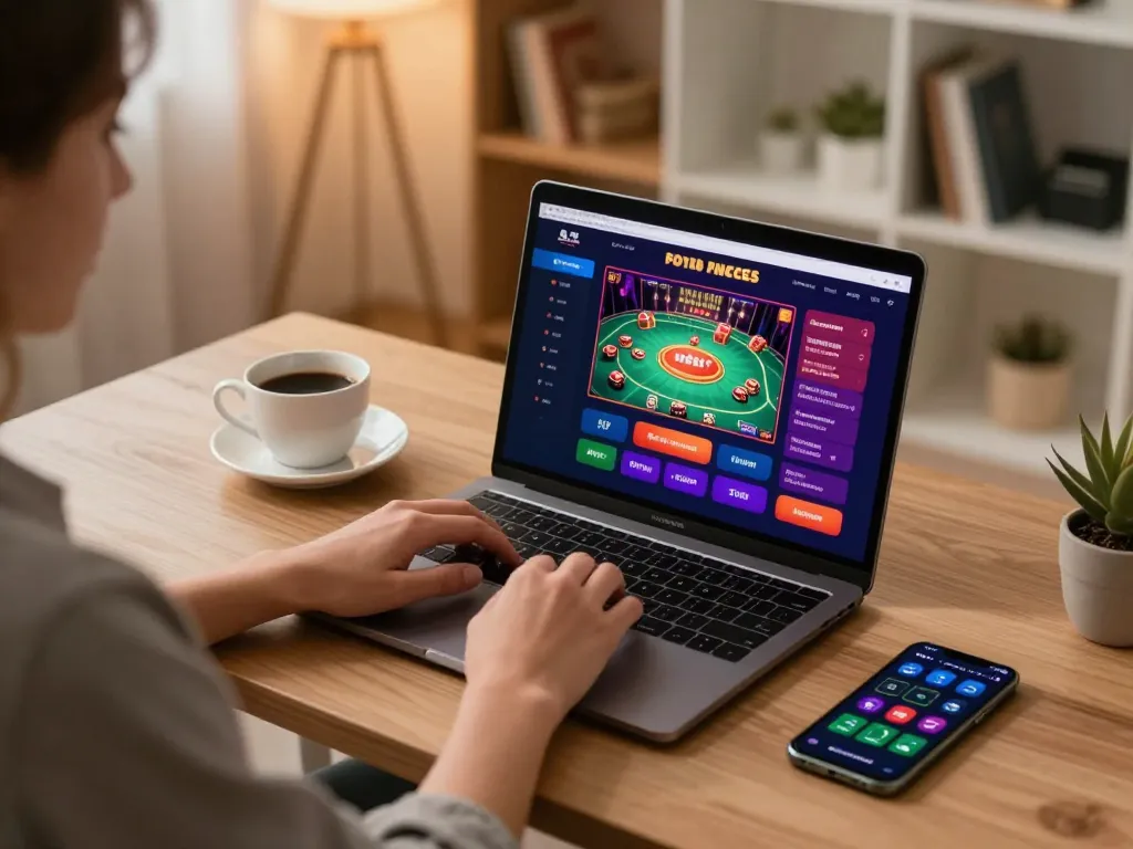 Player engaging in online casino gaming with 123b, showcasing a modern setup and vibrant game interface.
