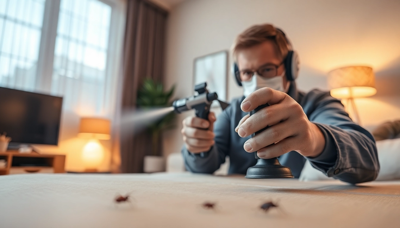 Exterminator applying treatment from https://affordablebedbugexterminators.com in a modern apartment environment.